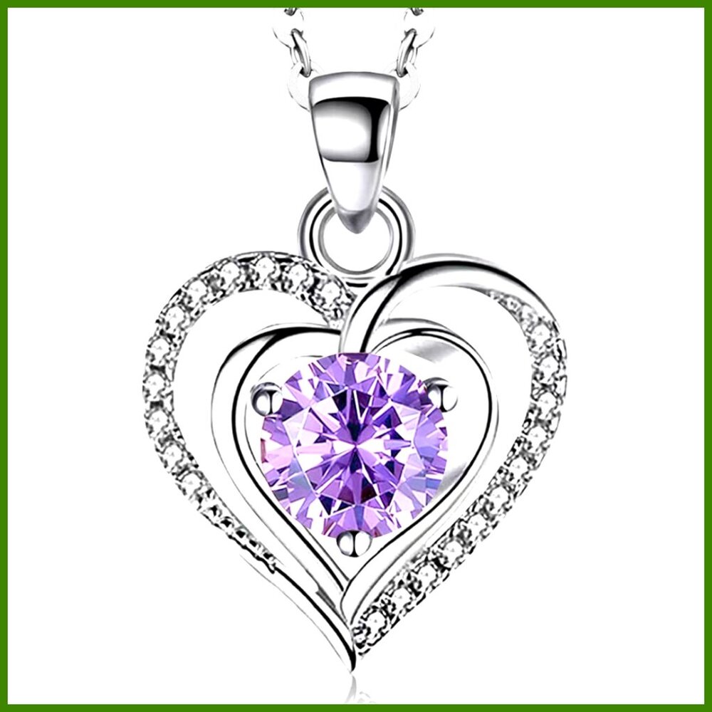 925 Sterling Silver Heart Birthstone Pendant Necklace with Zirconia